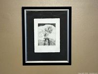Framed etching front view showing artwork, mat and frame