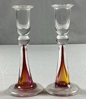 Full view pair of Hokitika hand-blown glass candlesticks