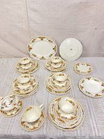 Full set laid out showing platter, plates, bowls, cups and saucers