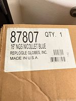Shipping label on box showing model 16" NGS Nicolet Blue, Replogle Globes Inc., Made in USA