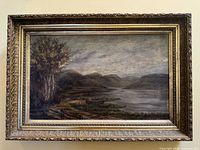 Full view of framed oil landscape painting
