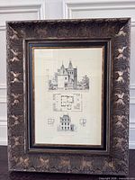 Framed architectural print front view on wall panel background