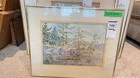 Full view of framed watercolor landscape