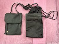 Leather crossbody pouch and RadioShack nylon pouch front view