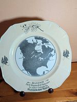 Front view of plate on stand showing full design and rim