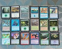 Full view of all 20 sleeved Magic cards laid out in grid