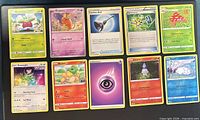 Ten Pokémon cards laid out front-side up