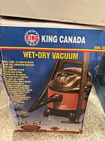 Box of King Canada wet-dry vacuum showing model and specs