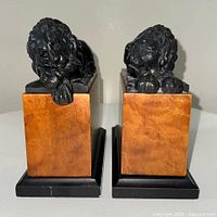 Front view of both sleeping lion bookends showing metal lions and wood bases