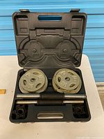 Open case showing two weight plates, one handle, two collars