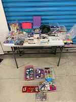 Full view of table and floor bins showing entire assortment