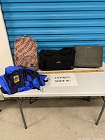 Overview showing backpack, duffel, felt tote, and hammock on table