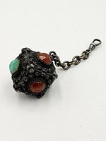 Overall view of cube silver fob with jadeite and carnelian stones and chain