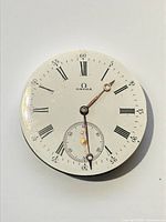 Front view of Omega enamel dial with Roman numerals and subsidiary seconds
