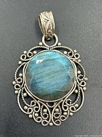 Front view of pendant showing labradorite and filigree