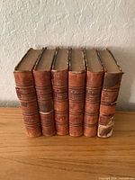Front view of six leather-bound books showing spine titles and wear