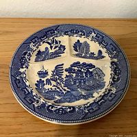 Front view of divided Blue Willow plate