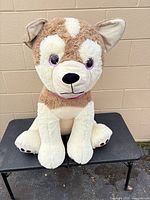 Front view of plush dog seated on table