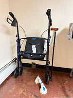 Walker, cane and grab handle against wall