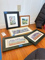 Group shot of five framed prints on floor