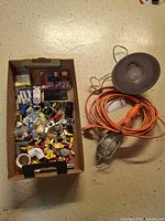 overall lot with box of connectors, clamp light, drop light