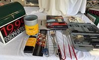 Full lot: tabletop grill, chimney starter, utensil case, skewers, fire starters, grilling baskets