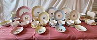 Assorted Butterfly Meadow dinnerware laid out showing quantity and color variation