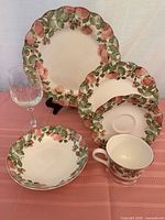 Dinner plate, salad plate, soup bowl, cup, wine glass pattern