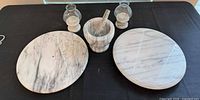Group shot showing two marble boards, marble mortar & pestle, two glass/marble candle holders