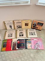 Top-down view of select opera and musical LP covers laid on carpet