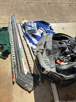 Full lot with sticks, bag and gear on driveway
