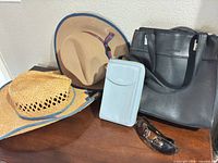 Group shot showing both straw hats, black Liz Claiborne handbag, light blue clutch, sunglasses
