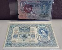 Both banknotes together; 20 Kronen in sleeve, 1000 Kronen laid flat