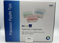 Front of sealed Rainin BioClean Ultra pipette tips box showing product imagery and 20 µL capacity