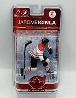 Front view of sealed Jarome Iginla Team Canada action figure in packaging