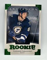 Front of Vladimir Tarasenko Emerald Rookie card showing image, Artifacts branding and rookie designation
