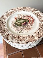 Stacked view showing turkey motif and floral border on plate tops