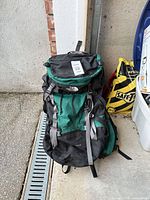 Full view of green and black The North Face Rogue backpack showing size, straps and pockets