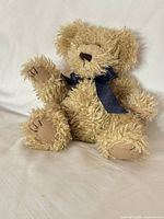 Front view of tan plush teddy bear with navy ribbon