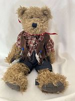 Front view of plush bear showing attire and overall condition