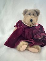 Front view of plush bear wearing burgundy velvet dress
