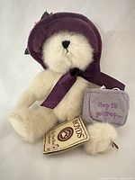 Full view of teddy bear with accessories and tag visible