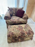Armchair, ottoman and throw pillow overview