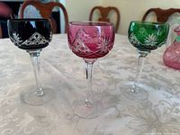 Front view of all three coloured crystal stemmed glasses