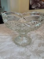 Side view of clear cut-pattern pedestal bowl