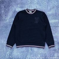 Full front view of black Burberry sweatshirt showing overall design and striped rib trim