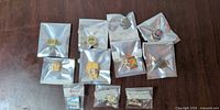 All eleven individually bagged enamel pins on table