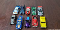 All ten Hot Wheels cars front view