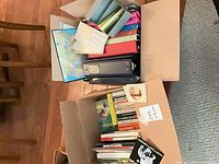 Overview of two boxes showing binders, maps and books