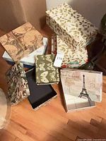 Group of decorative cardboard boxes on floor